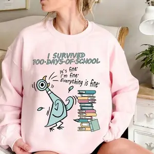Pigeon 100 Days Of School Teacher Sweatshirt, Elephant Piggie, Children's Books 100 Days Sweatshirt, Teacher 100 Days Tee, 100th Day Long Sleeves