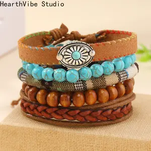 5pcs Handmade Hippie Design Brown Leather Bracelet Women Turquoise Note Charms Wood Button Beads Wrap Unisex Adjustable Bracelet