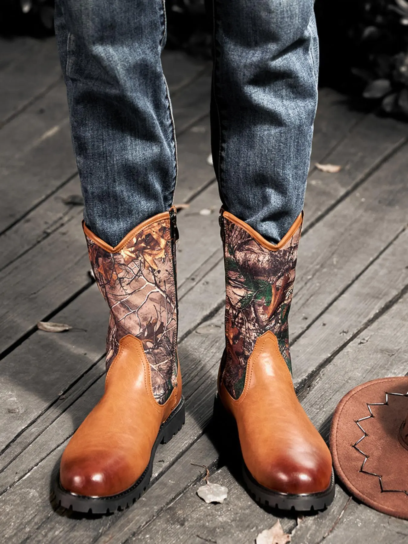 Men's Fashion Patchwork Print Western Cowboy Slip on Rubber Boots, Casual Comfortable Mid-calf Boots for Daily Wear, Male All-match Trendy Shoes for Fall & Winter