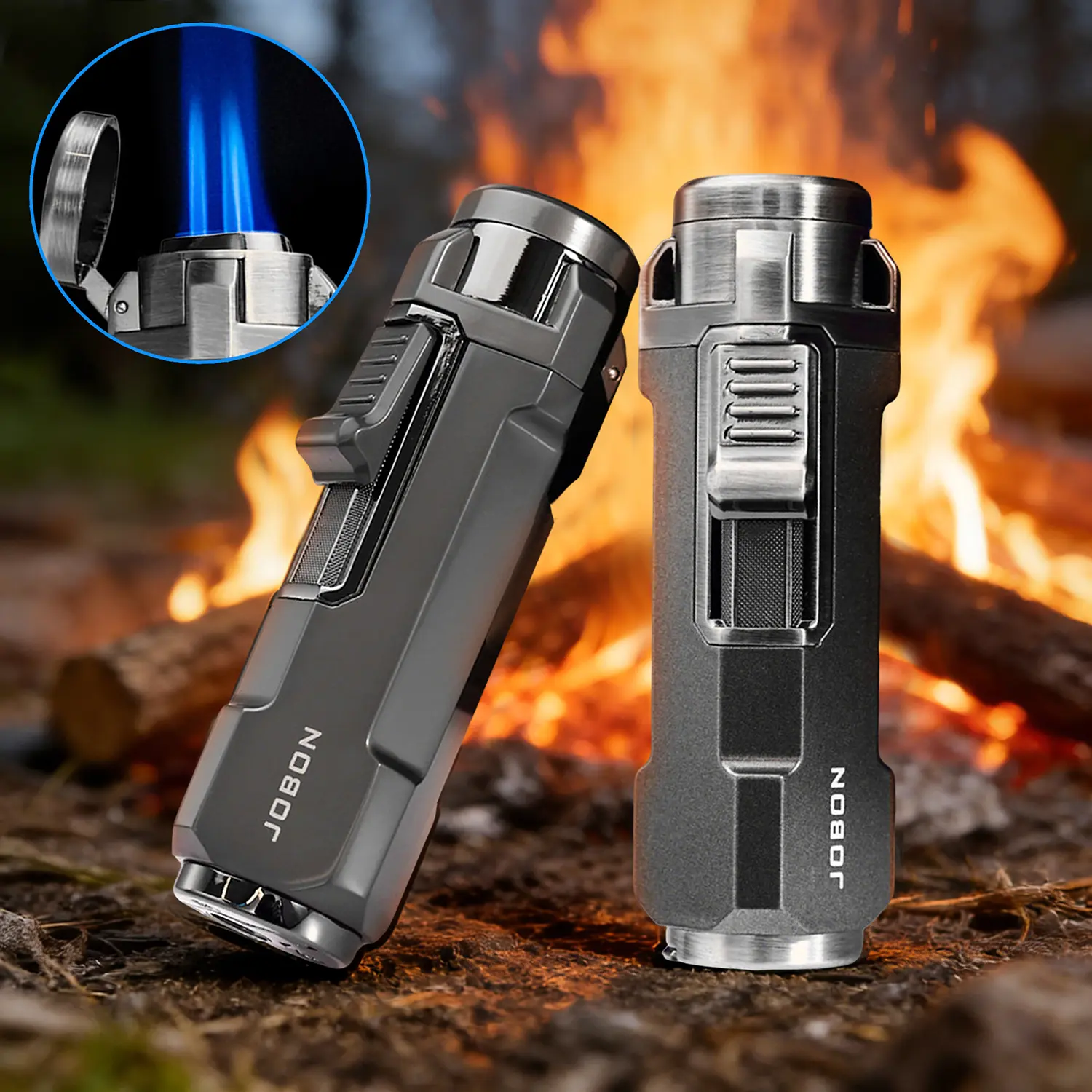 【2 Pack】Zinc Alloy Polished Windproof Refillable Fuel Triple Jet Blue Flame Torch Lighter with Tech Polygonal Prism Design, Protective Lid and Smooth Ignition for Camping, Hiking, Barbecue, Ideal Present for Father’s Day(Not Fuel Included)