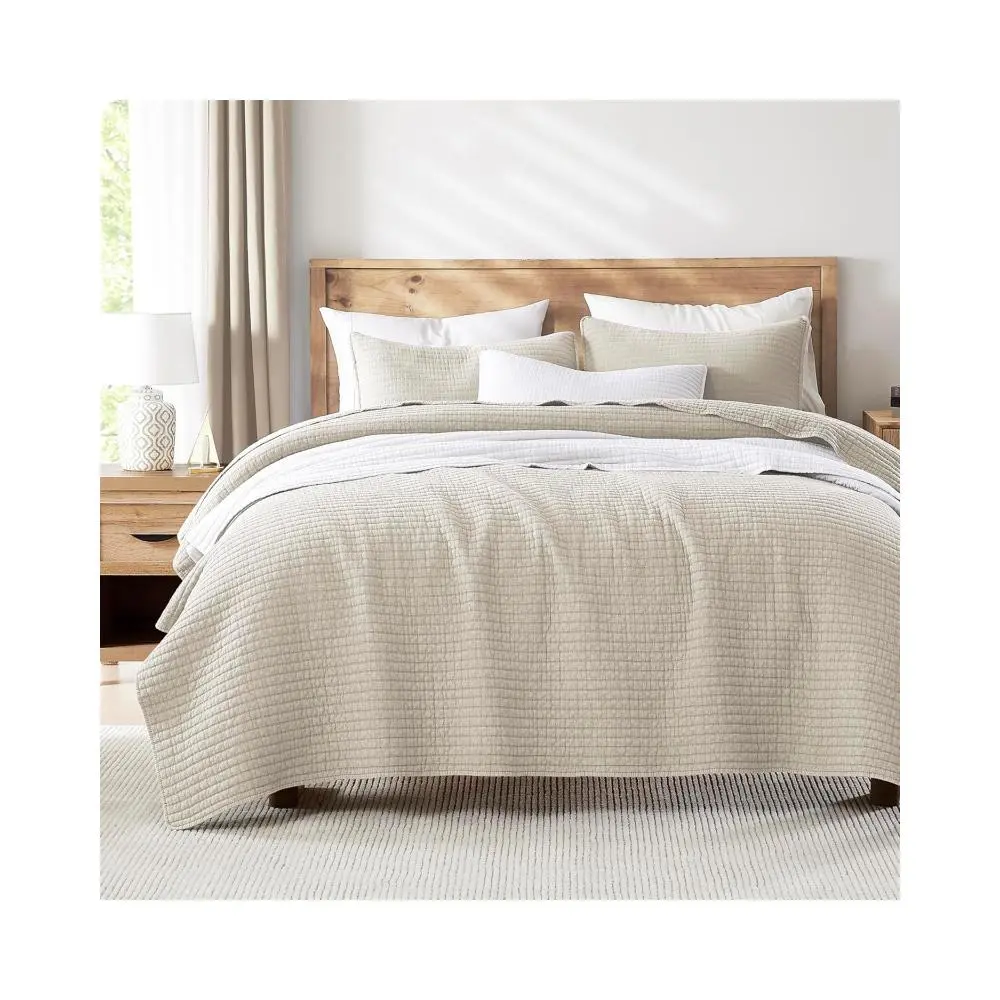 WDCOZY Beige Twin Size Quilt Set, Muslin Cotton Shell Down-Alt Poly Filling, Neutral Shabby Chic Rustic Farmhouse Country Bedspread, Textured Gauze Coverlet, Soft Lightweight Bedding, 1 Sham