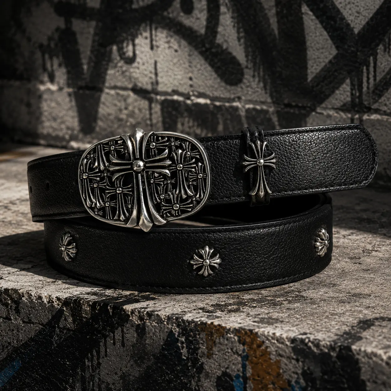 Gothic Leather Belt for Men & Women, Cross Buckle Punk Y2K Streetwear Unisex Waist Belt