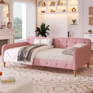 Twin/Full/Full Size Upholstered Daybed with 4 Support Legs, Linen Sofa Bed Frame with Button Tufted Arms, Modern Daybed for Living Room or Bedroom, No Box Spring Needed, Pink