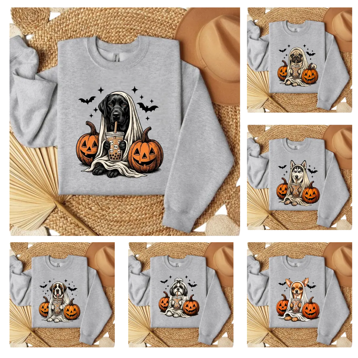 50+ Cute dog Ghost Halloween Sweatshirt | Bubble Tea Dog Lover Gift Tee, Hoodie Fall Dog Lover Graphic Tee, 50+ Breeds Available