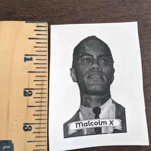 Malcolm X Sticker 7 Dollars - Black and White Image with Ruler Sizing Reference