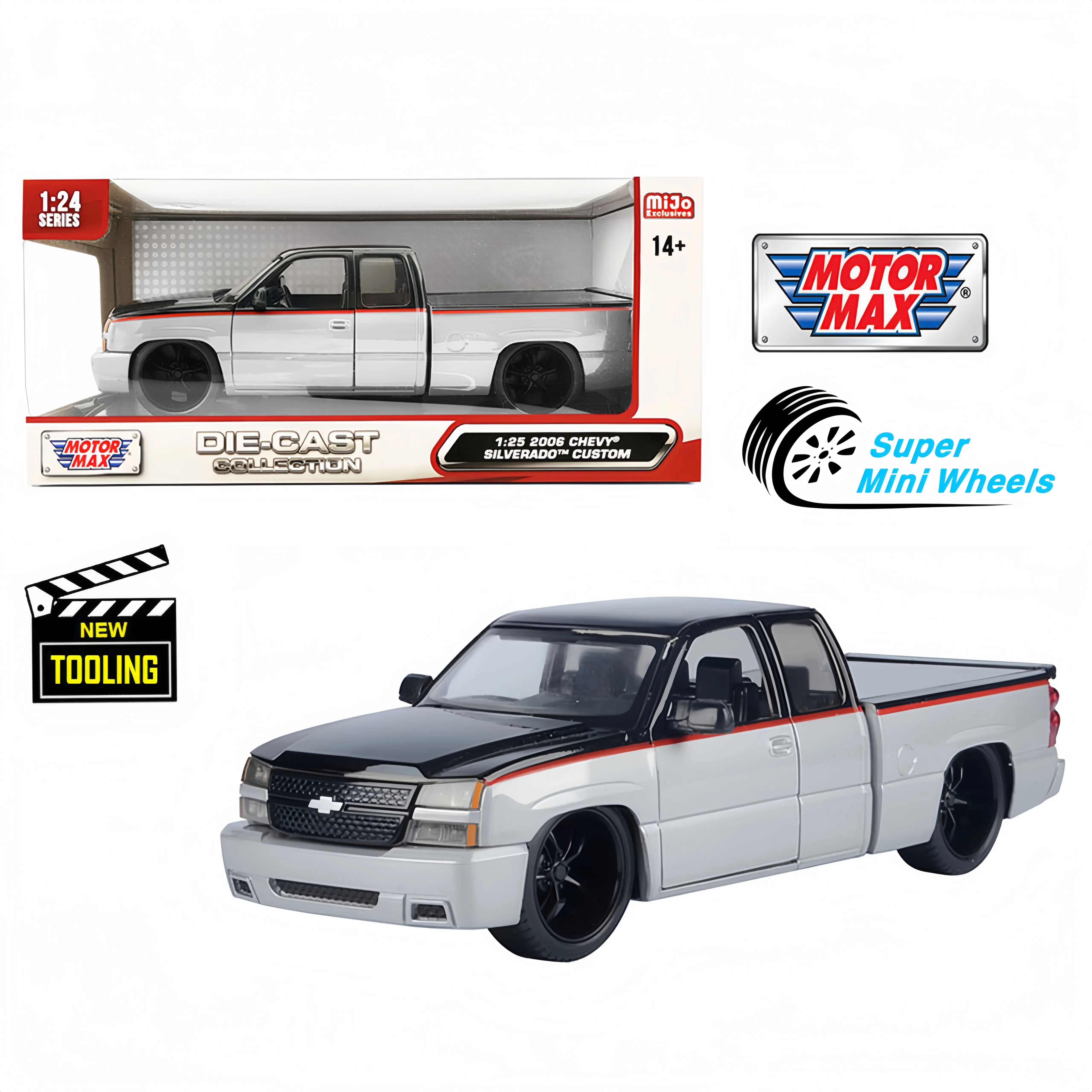 Motormax 1:25 Chevy Silverado Extended Cab 2006 Custom – Silver with Black Two-Tone