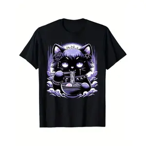 Pastel Goth Aesthetic Kawaii Creepy Cat Eating Ramen Noodles T-Shirt