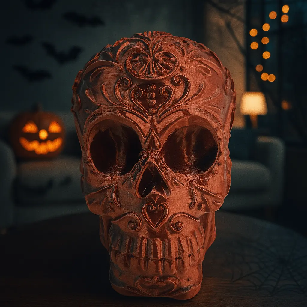 Gothic Skeleton Head Sculpture - Plastic, Smooth Copper or Silver Silk Finish, Home Decor for Halloween, Metallic