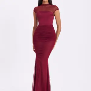 Fabienne Burgundy Mesh Cap Sleeve Mermaid Gown - Elegant Evening Dress with Ruched Detailing and Sheer Mesh Sleeves