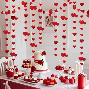 Valentine's Day Heart Garland - 13ft Red Metallic Glitter Hanging Banner for Anniversaries, Weddings, Bridal Showers | Party Decor for Wall & Home