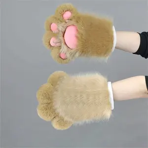 Fluffy Fingerless Cat Paw Gloves with BB Squeaker, Plush Animal Claw Mittens with Soft Pads for Cosplay & Comic Con