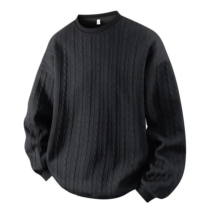 Solid Color Casual Loose Long Sleeve T-Shirt, Men's Cable Knit Pattern Round Neck Sweatshirt,Made from High-Quality Fabric Comfortable Base Shirt, Home Wear Daily Wear, Plus Size S-5XL Men's T-Shirt