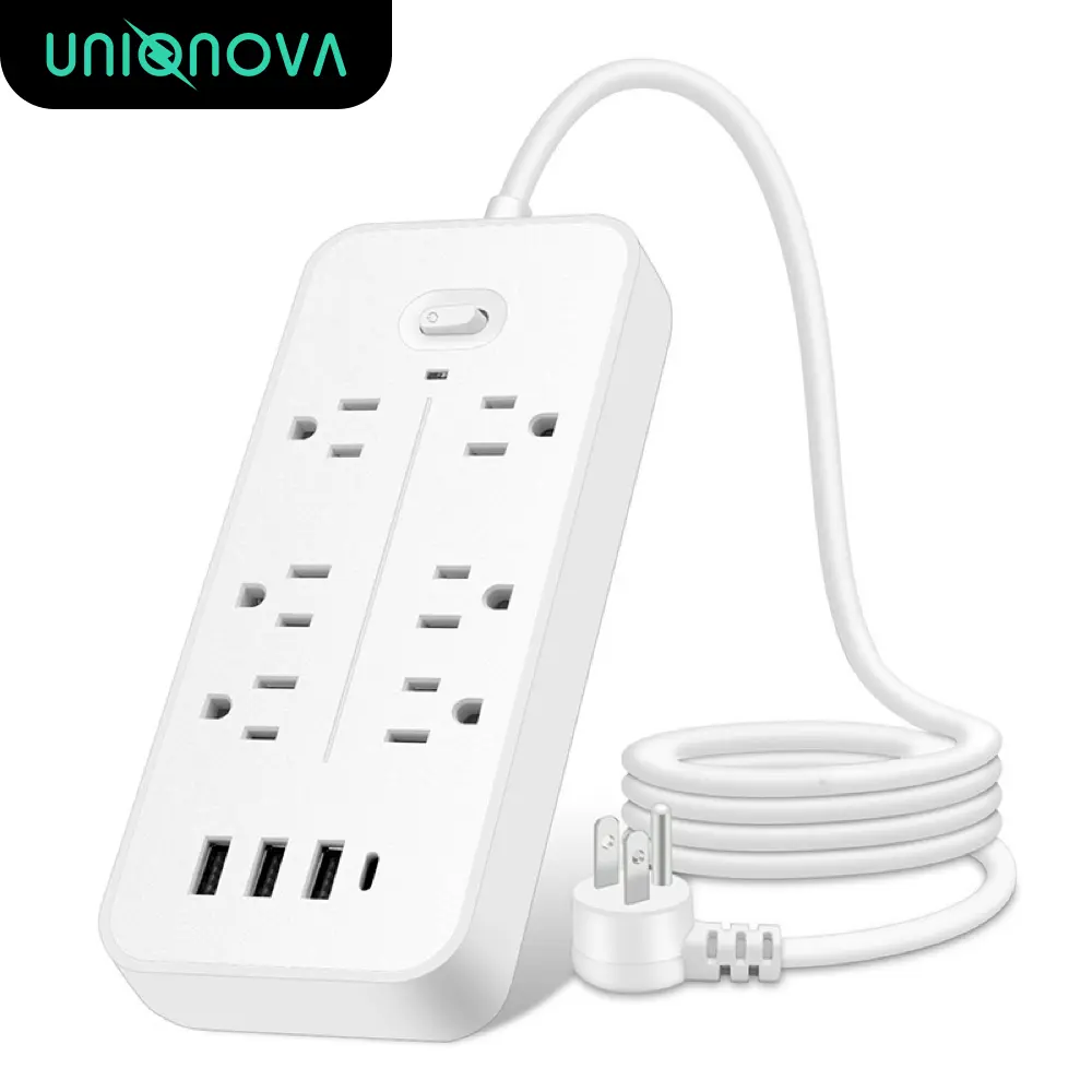 UNIQNOVA Extension Cord 10in1 Power Strip 1.2m/4FT 6 Outlets 3 USB Ports 1 USB-C Flat Plug with Surge Protector Durable Compact Design for Electronic Devices