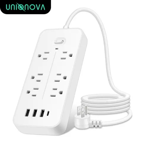 UNIQNOVA Flat Extension Cord Plug, 10-in-1 Surge Protector Power Strip (1.2m/4FT) with 6 Dual Outlets, 3 USB Charging Ports, 1 USB-C Port, Durable Compact Extension Adapter Plug for Electronic Devices, Electrical Accessories