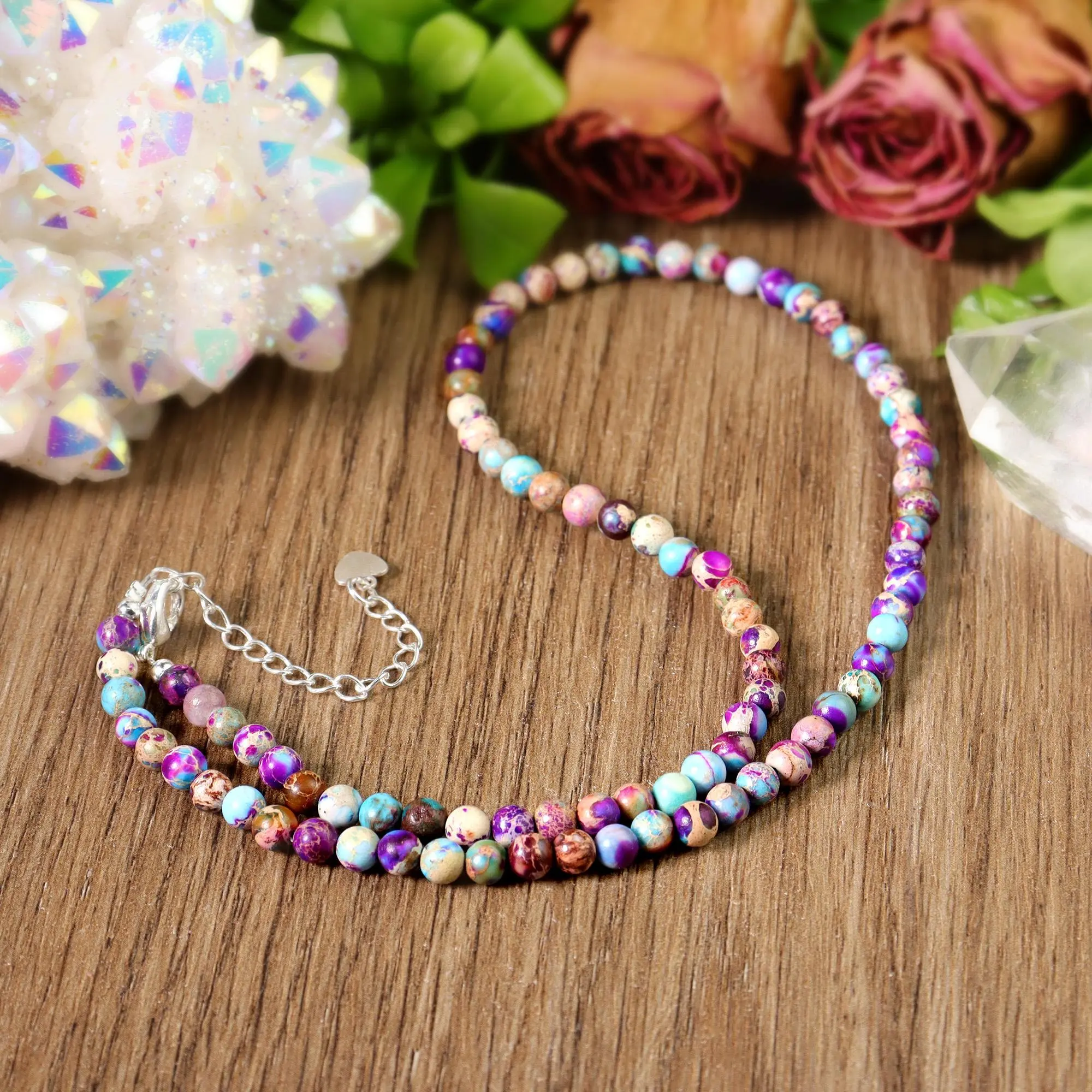 Natural Dainty 4mm Galaxy Sea Sediment Jasper Tiny Beads Beaded Choker, Minimalist Healing Natural Crystal Necklaces & Pendants, Daily Wear Necklace for Her Chakras Balancing Gift, Beaded Necklace