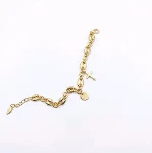 Elegant Gold Color Chain Bracelet with Cross and Disc Charm for Women's Fashion Accessory