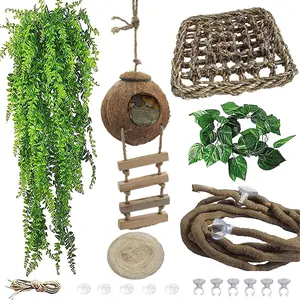 6 count Crested Gecko Coconut Hut, Lizard Coco Den with Ladder and Reptile Hammock Bearded Dragon Tank Accessories Climbing   Jungle Vine Flexible Reptile Leaves Decor