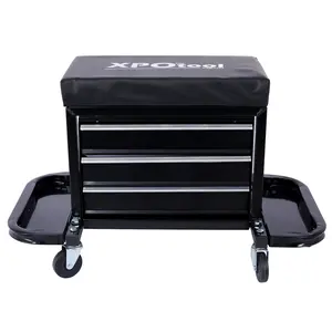 Heavy-Duty Rolling Tool Chest Storage Seat - 350lb Capacity, Padded Vinyl Cover, Foldable Design, 2.5in Swivel Casters, Magnetic Trays, Storage Compartments, Garage Glider Stool for Workshop, Home Garage