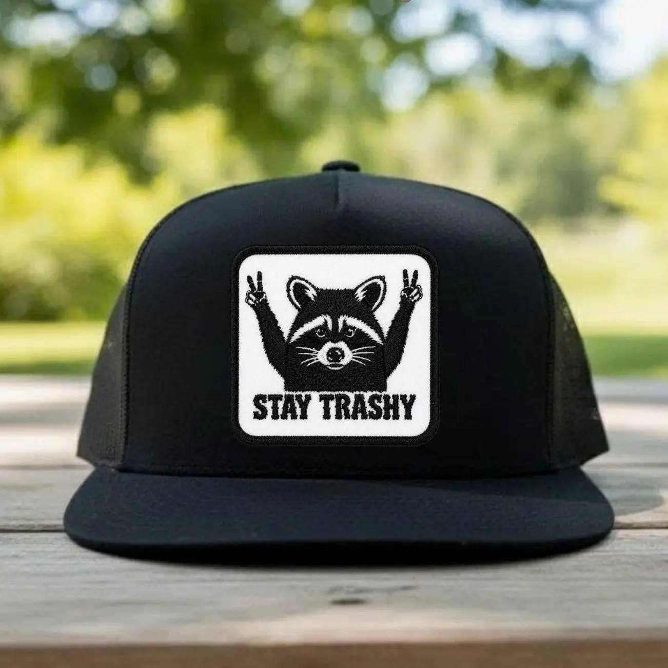 Stay Trashy Raccoon Embroidered Trucker Hat | Funny Raccoon Mesh Snapback Cap | Cute Trash Panda Hat for Men & Women and Adjustable Fit for Men and Women
