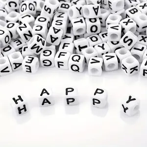 100pcs Square Block White Bottom Black Alphabet Letter Beads For Jewelry Making Kit Bracelets Necklaces Key Chains