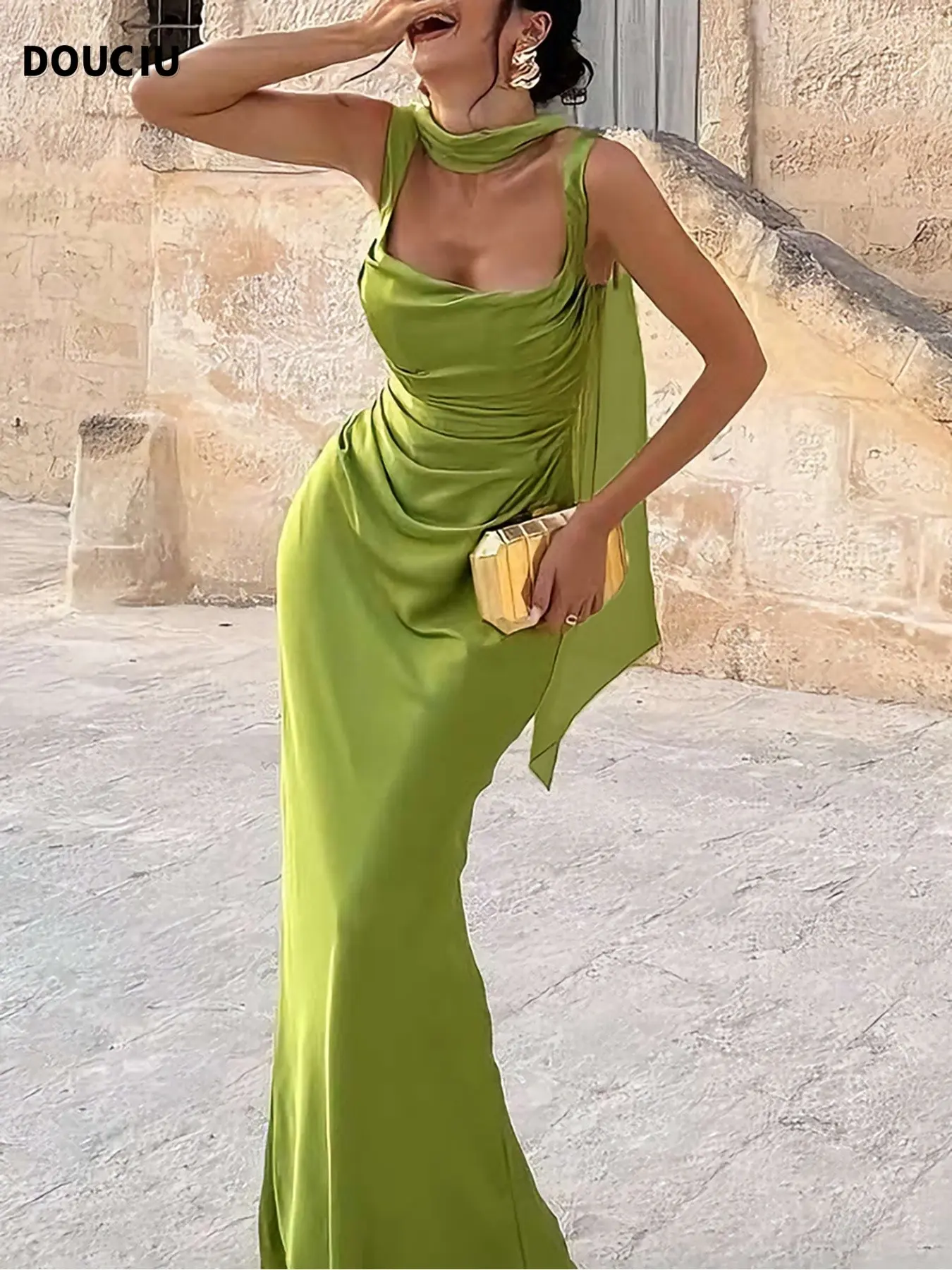 DOUCIU Women's Satin Mermaid Maxi Dress Sleeveless Elegant Ruched Cowl Neck Formal Party Dress with Detachable Halter Ribbon Backless Bodycon Evening Gown for Wedding Guest Prom Cocktail Clubwear