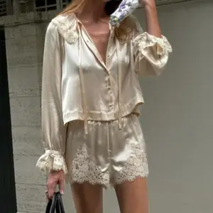 Women's Cream Satin Pajama Set Long Sleeve Button Down Top with Lace Trim and Pants 2 Piece Sleepwear Fashion Womenswear