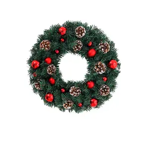 11.8Inch Christmas Wreath Circle with Hook,Christmas Wreath Decorative Christmas Balls Hanging Ornament, Artificial Door Wreath,With pine cones and red Christmas balls,Xmas Wreath Decorative Hanging Ornament