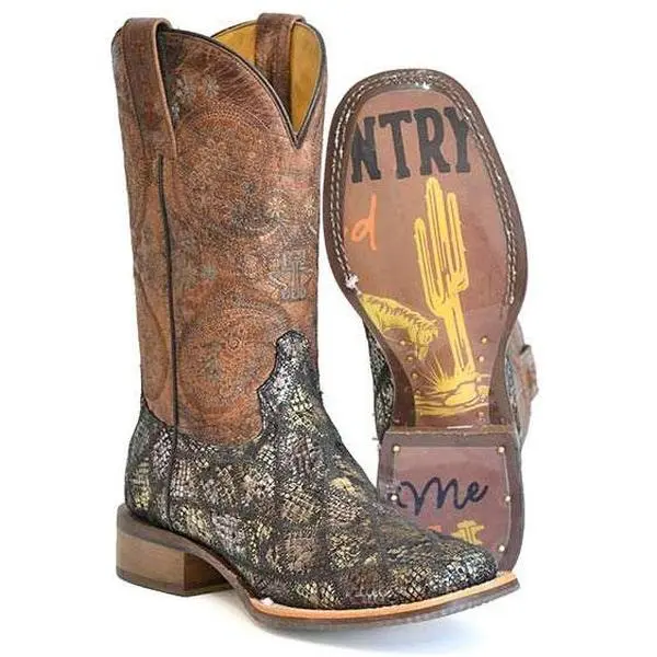 Women's Tin Haul Paisley Python Print Boots with Country Road Sole Handcrafted Brown