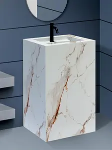 My Luxury Flooring 19.6"x19.6"x34" Freestanding Pedestal Sink - Modern Bathroom Luxury One Piece Marble Basins, Single Unit Square Marble Sinks with Golssy & Matte Finish