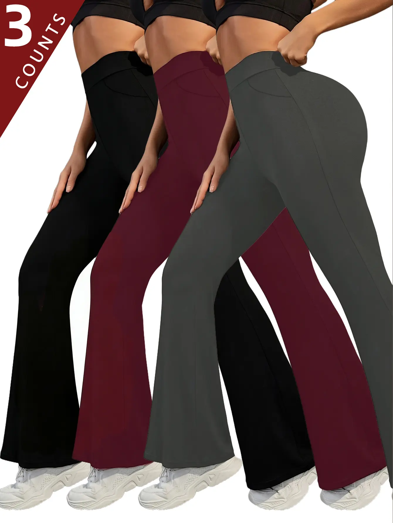 Lady's Thermal High Waisted Wide-Leg Pants, 3-Pack Elastic Comfortable Casual Fitted Bottoms, Available in Black, Burgundy, Grey for Winter Wear - Women's Clothing