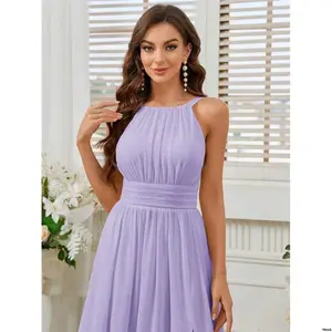 tiktokBelleSolidColorPleatedHalterNeckBridesmaidDressWithEmpireWaistAndHighFrontSlitElegantDressLightPurpleDresslavenderDresslavenderDressForWedding