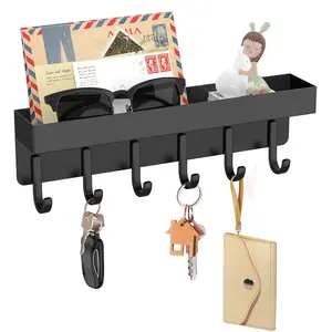 Magnetic Key Holder with Shelf – Small Wall-Mount Key Rack, 6 Metal Hooks, Fits Fridge, 9.65 Inch, 2 Installation Options, Black