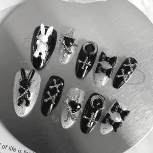Handmade Press on Nails Set, Long Almond Shape Fake Nails, Silver Glitter Polish, 3D Rabbit Decorations, Metal Ornaments, Nail Kit Set