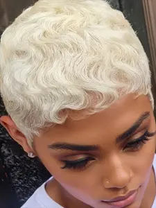 Curly Wave Human Hair Wig Full Machine Made Wig 60# Color Pixie Cut Wig 150% Density 6 Inch Curly Bob Wigs