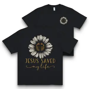 [Everyday Comfort] "Jesus Saved My Life" Sunflower Graphic T-Shirt, Women's Casual Round Neck Short Sleeve Top, Comfortable Cotton, Fashionable Sporty Tee for Casual Attire women's  shirts wicked  merchandise