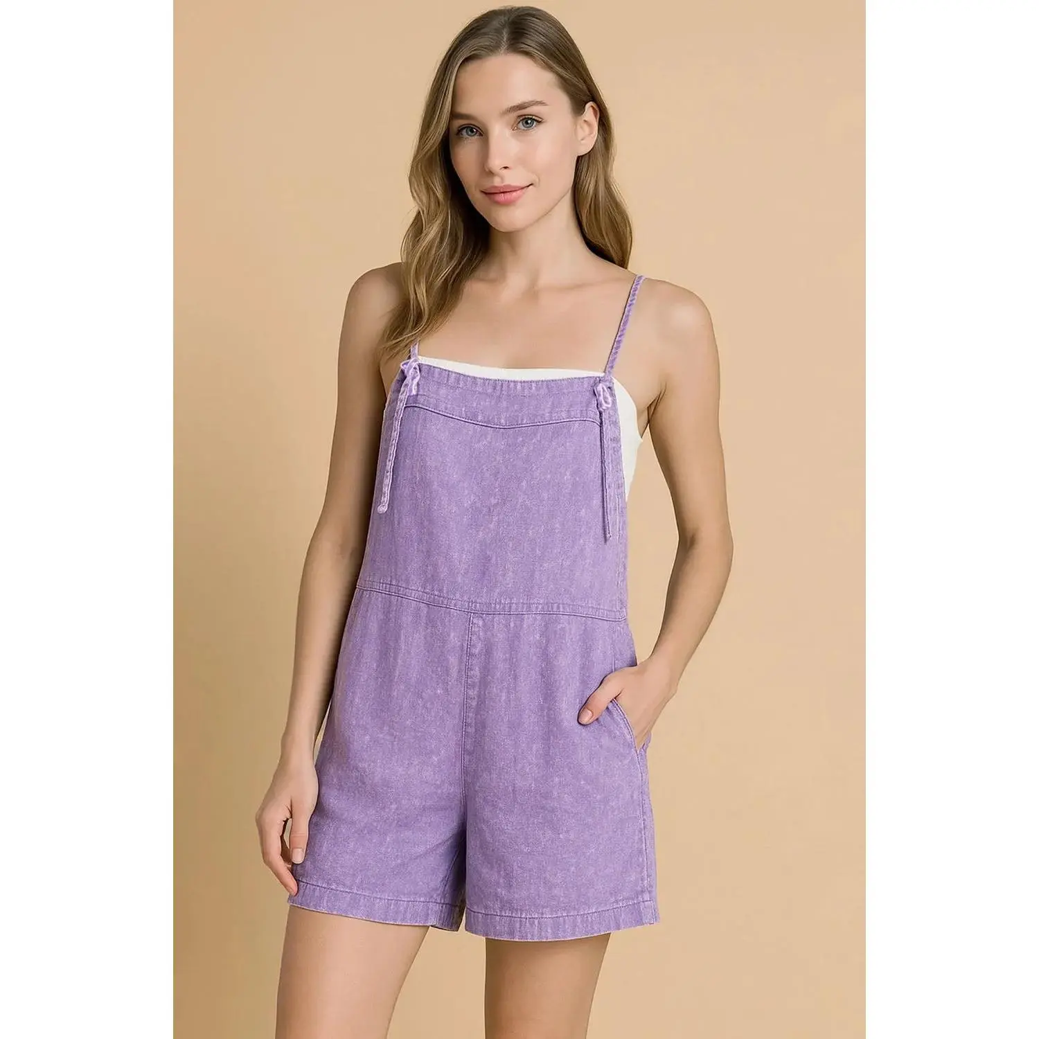 Zenana Washed Linen Knot Strap Rompers