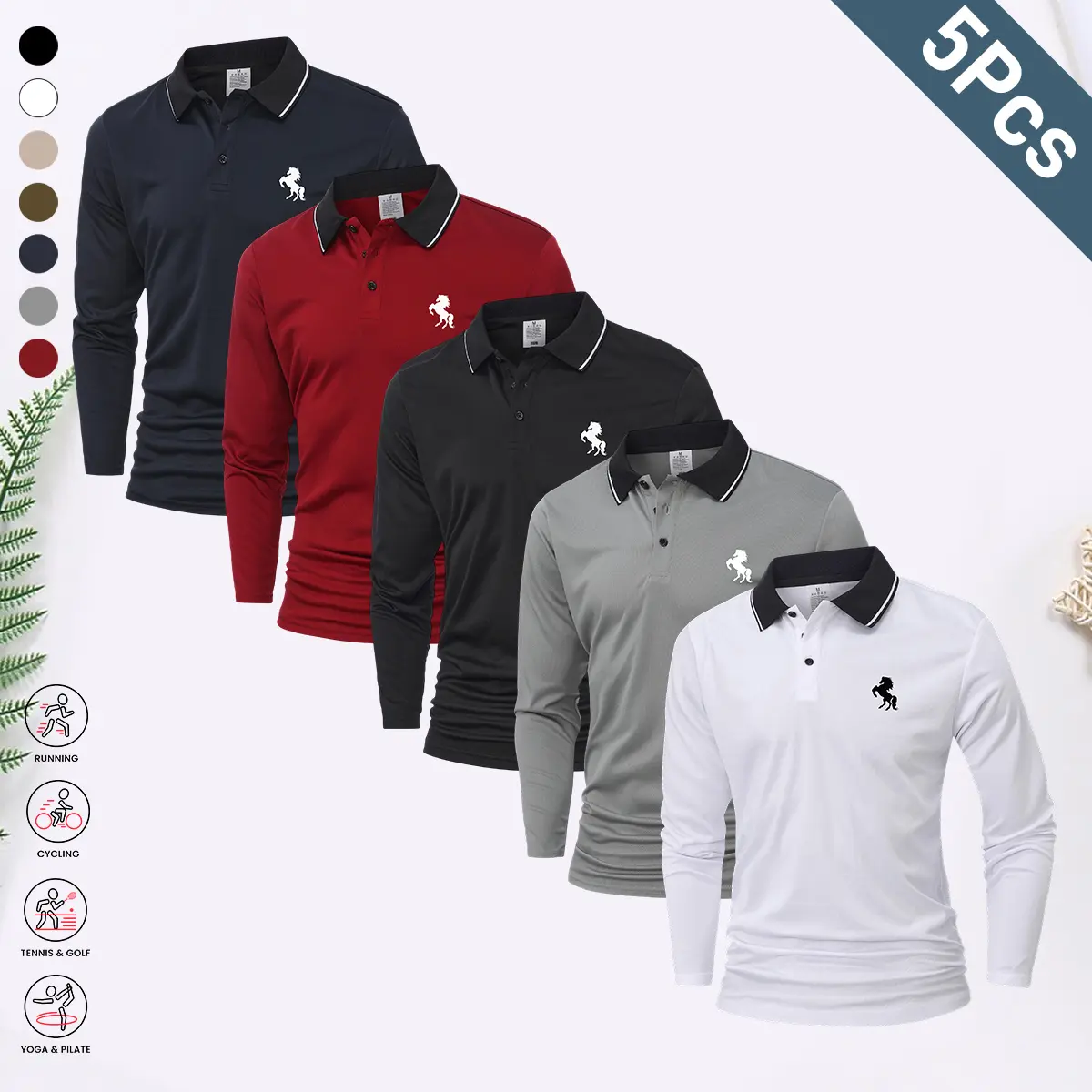 Men’s casual solid-color long-sleeve polo shirt with a turn-down collar and button placket, suitable for home and travel wear in spring, summer, and autumn.