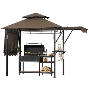 8x5 ft Grill Gazebo, Double Tired Outdoor Patio Canopy Tent with Dual Side Awning Shelves, 4 LED Lights,10 Hooks & Bottle Opener, Heavy Duty Steel Frame Grilling Canopy for Patio Garden Beach, Coffee
