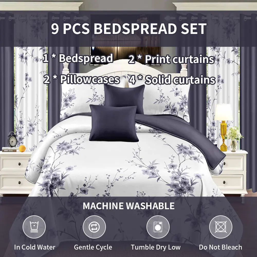 9PCS Ink Purple Plum Quilted Bedspread & Curtain Set Elegant Purple Floral Bedroom Decor Cotton Bedding Blackout Curtain Bundle