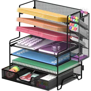4-Tier Desk Organizer + 3-Tier File Holder + 4 Pen Holders + Drawer, 7-Tier Desk File Organizers, Desk Organizers and Accessories for Office Home School, Black
