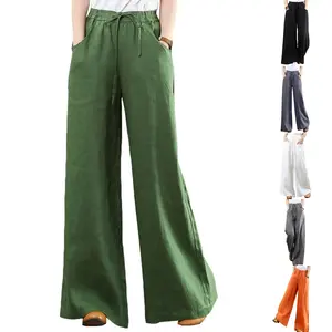 JovenPara Women's Basic High-Waisted Comfy Cotton Linen Wide Leg Pants - Baggy Lounge Palazzo Trousers with Drawstring, Linen Pants Women