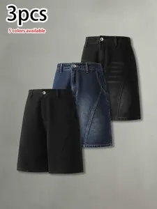Pack of 3: summer men’s vintage washed distressed denim shorts featuring a deconstructed patchwork design—casual, versatile, loose athletic mid-length men’s denim shorts.summervibes