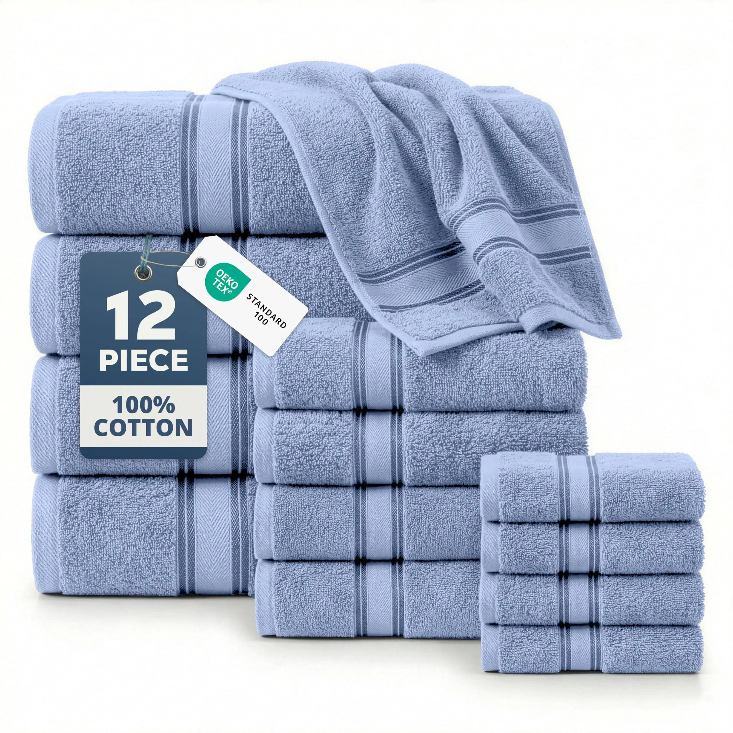LANE LINEN 12-Piece Bathroom Towel Set - 4 Bath, 4 Hand, 4 Washcloths, Zero-Twist Cotton, Soft, Absorbent, Quick-Dry, Terry Weave, OEKO-TEX Certified - Hotel Spa Feel for Family, Guest & Gym Use