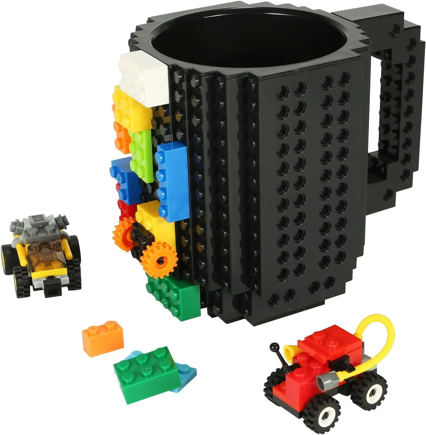 Build-on Brick Coffee Mug - Reusable Plastic Drinkware, Funny DIY Novelty Cup with Building Blocks, Washable Creative Gift for Kids (Cool Black)