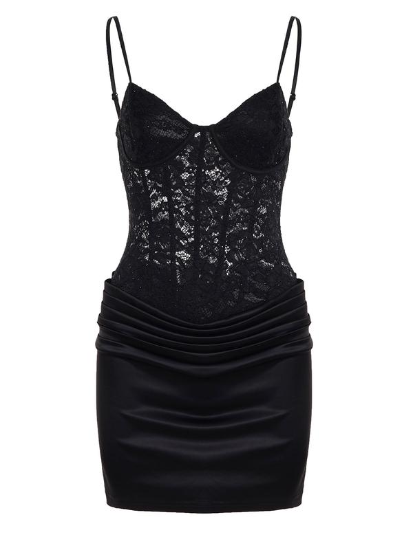 Sexy Series Chest Lace Hollow Splicing Satin Bottom Thin Strap Dress European and American Style Women's Tight Party Bag Short Outfits Music Festival Dressing Sexy Series Chest Lace Hollow Splicing Satin Bottom Thin Strap Dress European and American Style Women's Tight Party Bag Short Outfits Music Festival Dressing