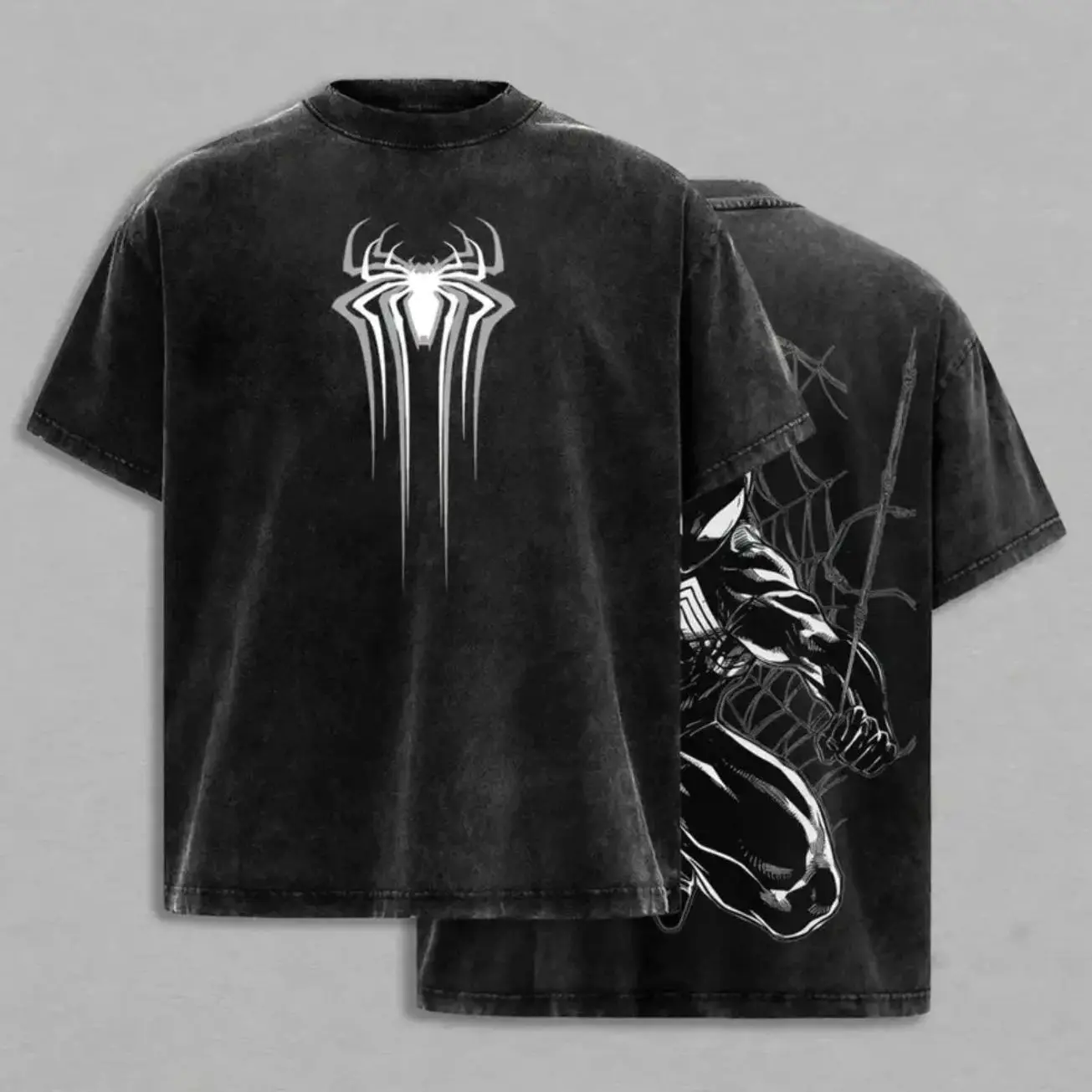 Spider Black Web Hero Washed Colors T-Shirt, Gray Washed Anime Spider Graphic Tee, Front and Back Web Warrior Streetwear Shirt, Gothic Superhero Gift for Men Women U3W