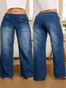 Women's Trendy Plus Size Wide Leg Fit Jeans, Classic Washed Denim Jeans with Elastic Drawstring, Casual Long Jean Trousers for All Seasons Pants