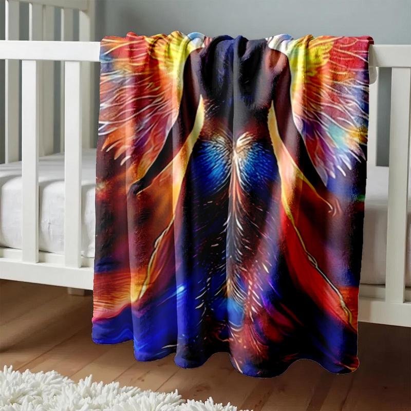1 piece Colorful-winged angel back with cosmic halo themed flannel blanket - Oversized fluffy warm sofa blanket, suitable for beds and sofas, modern geometric pattern design, all-season use, digital printing, 100% polyester material, machine