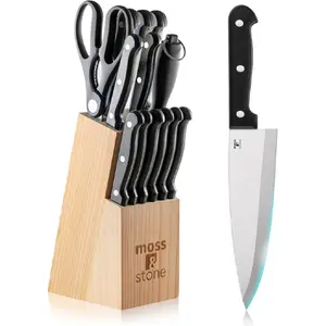 Moss & Stone 14 Pcs Knife Block Set Stainless Steel, Premium Forged Kitchen Knives Set with High-Carbon Blades, Ergonomic Handle, Sharp Blade, Rust Resistant, Modern Style for Home & Chef, Black