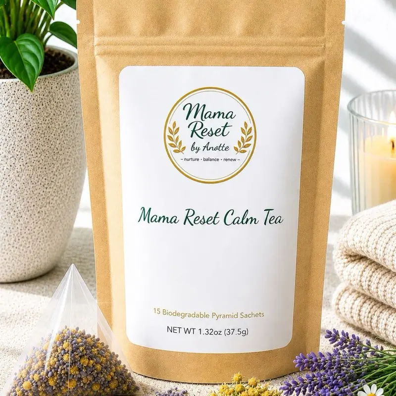 Mama Reset Calm Tea – Chamomile & Lavender Herbal Tea | 15 Biodegradable Pyramid Sachets | Caffeine-Free Relaxation Tea